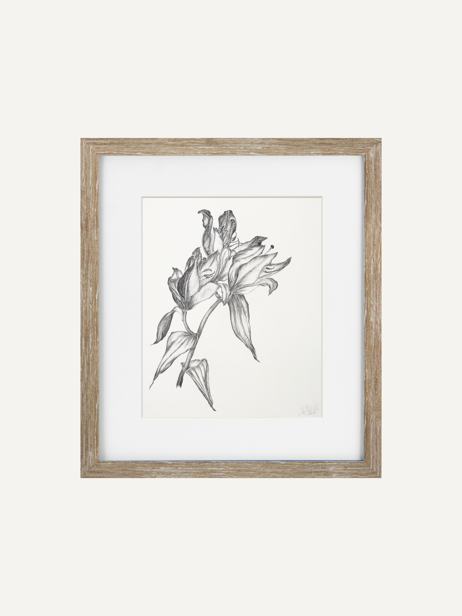 A framed botanical art print featuring a detailed pencil sketch of lilies, presented in a light natural wood frame with a white mat against a clean off-white background.