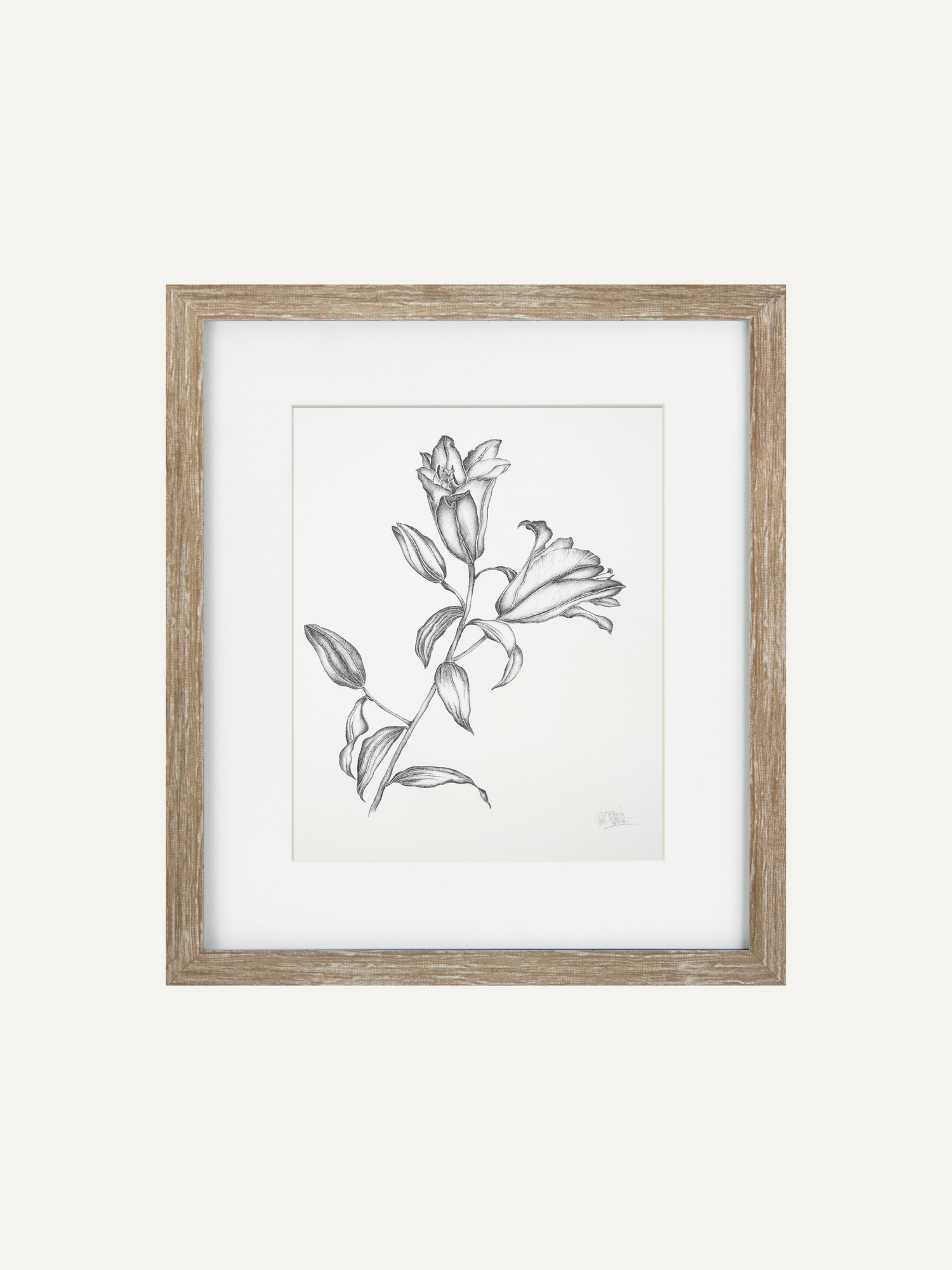 Framed botanical art print featuring a detailed pencil sketch of lily of the valley flowers, set in a white mat and a rustic light brown wooden frame against a solid off-white background.