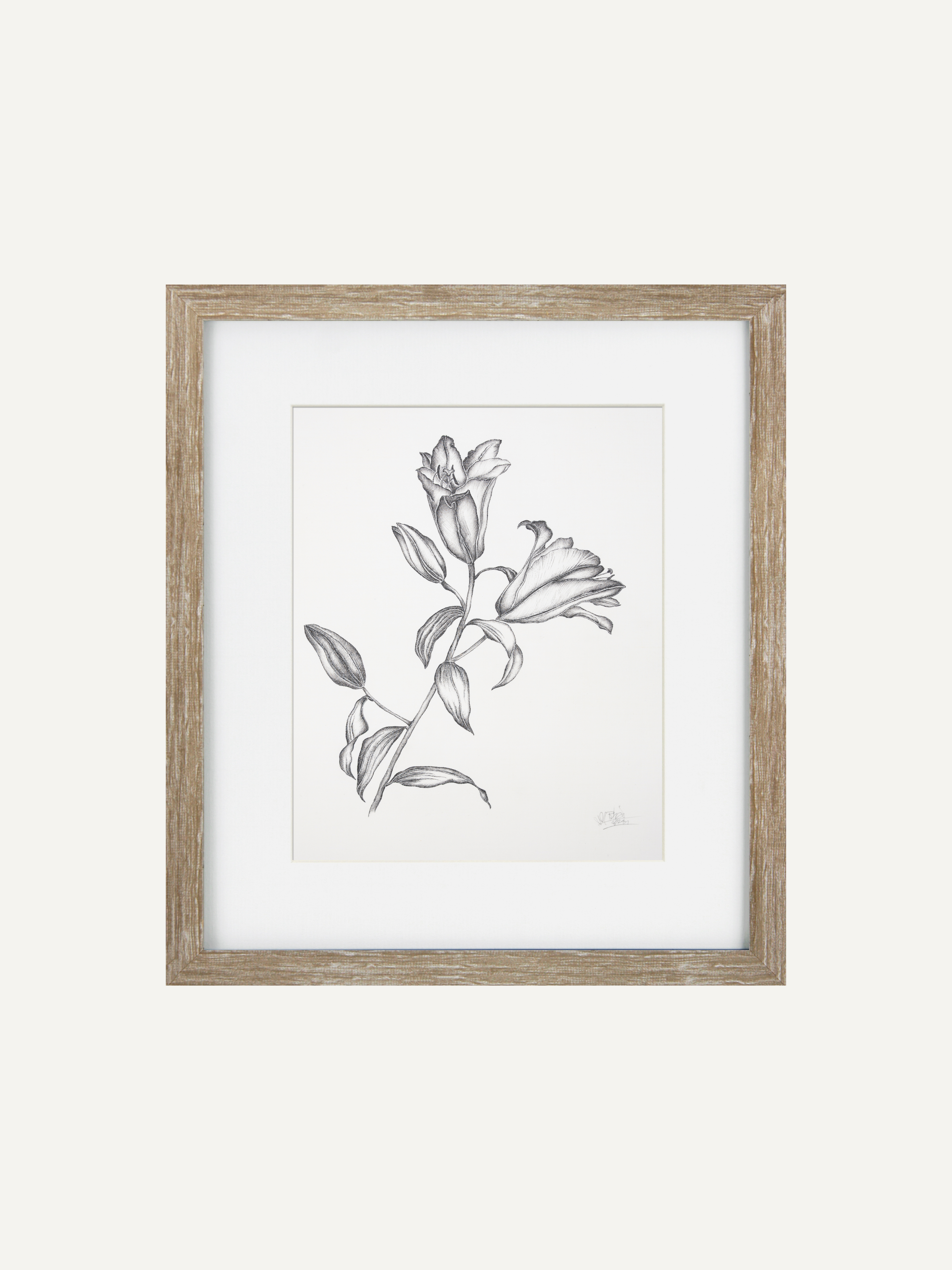 Framed botanical art print featuring a detailed pencil sketch of lily of the valley flowers, set in a white mat and a rustic light brown wooden frame against a solid off-white background.