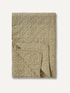 A folded quilted blanket with a dense, small-scale floral pattern in beige, green, and blue, set against a plain off-white background.