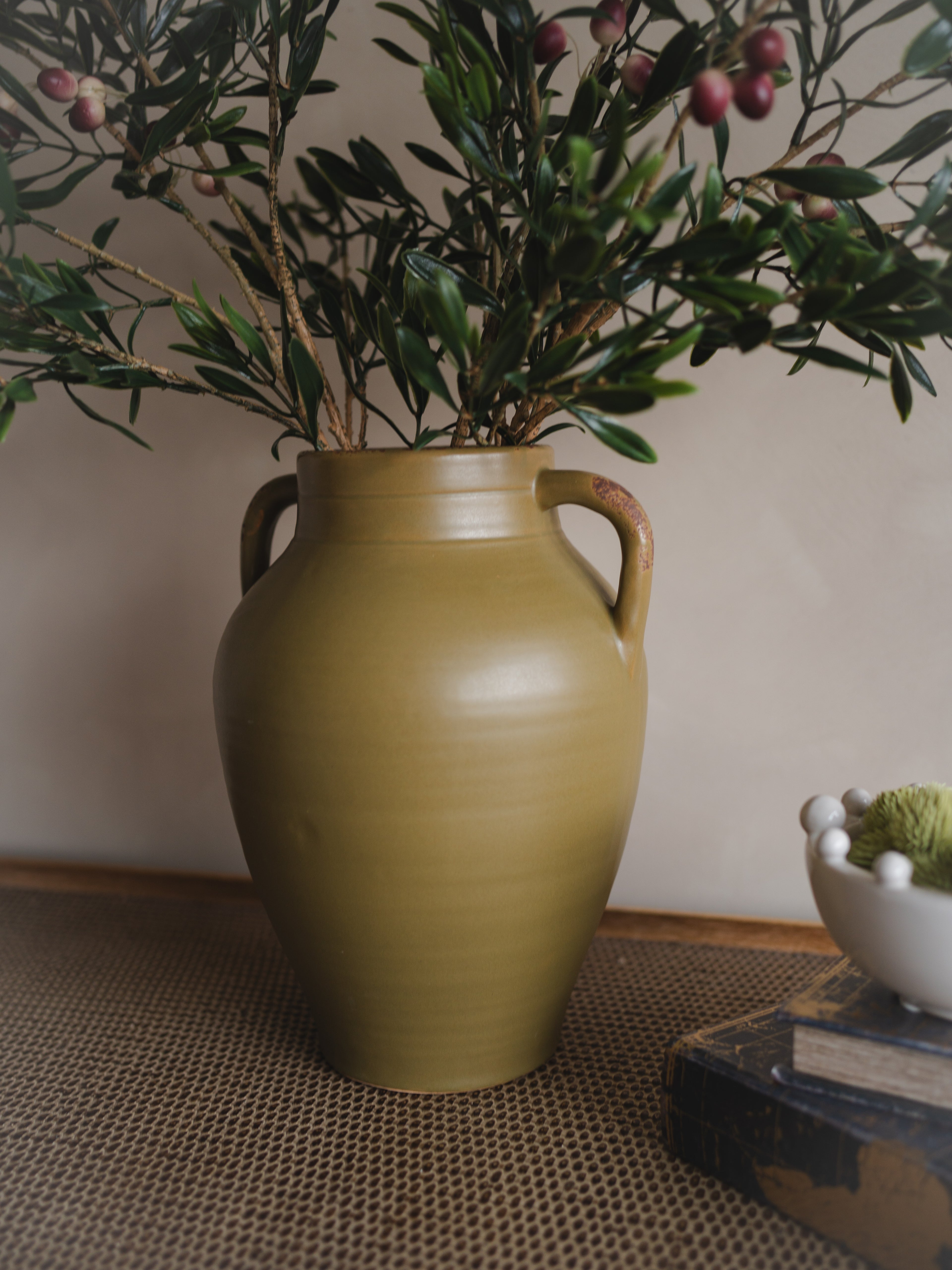 Olive Green Tall Vase with Dual Handles