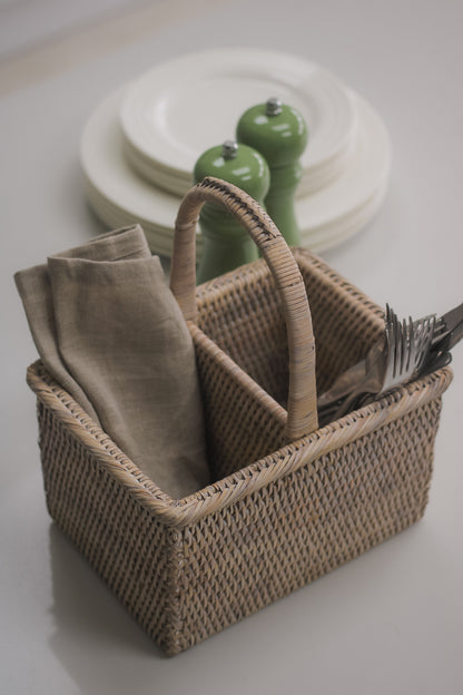 White Washed Rattan Flatware Caddy
