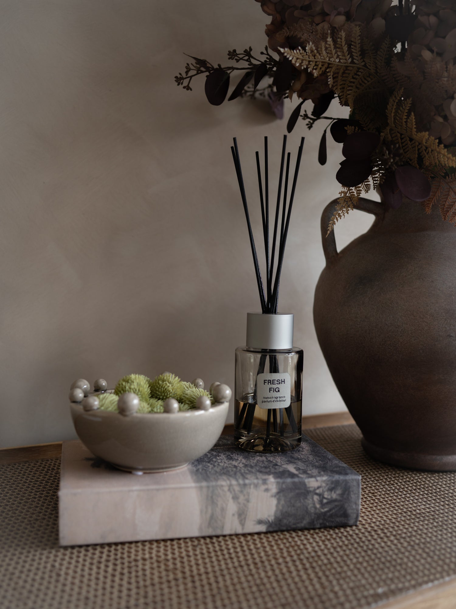 Small Grey Bobble Bowl, Fresh Fig Reed Diffuser and Faux Echinops Styling Bundle