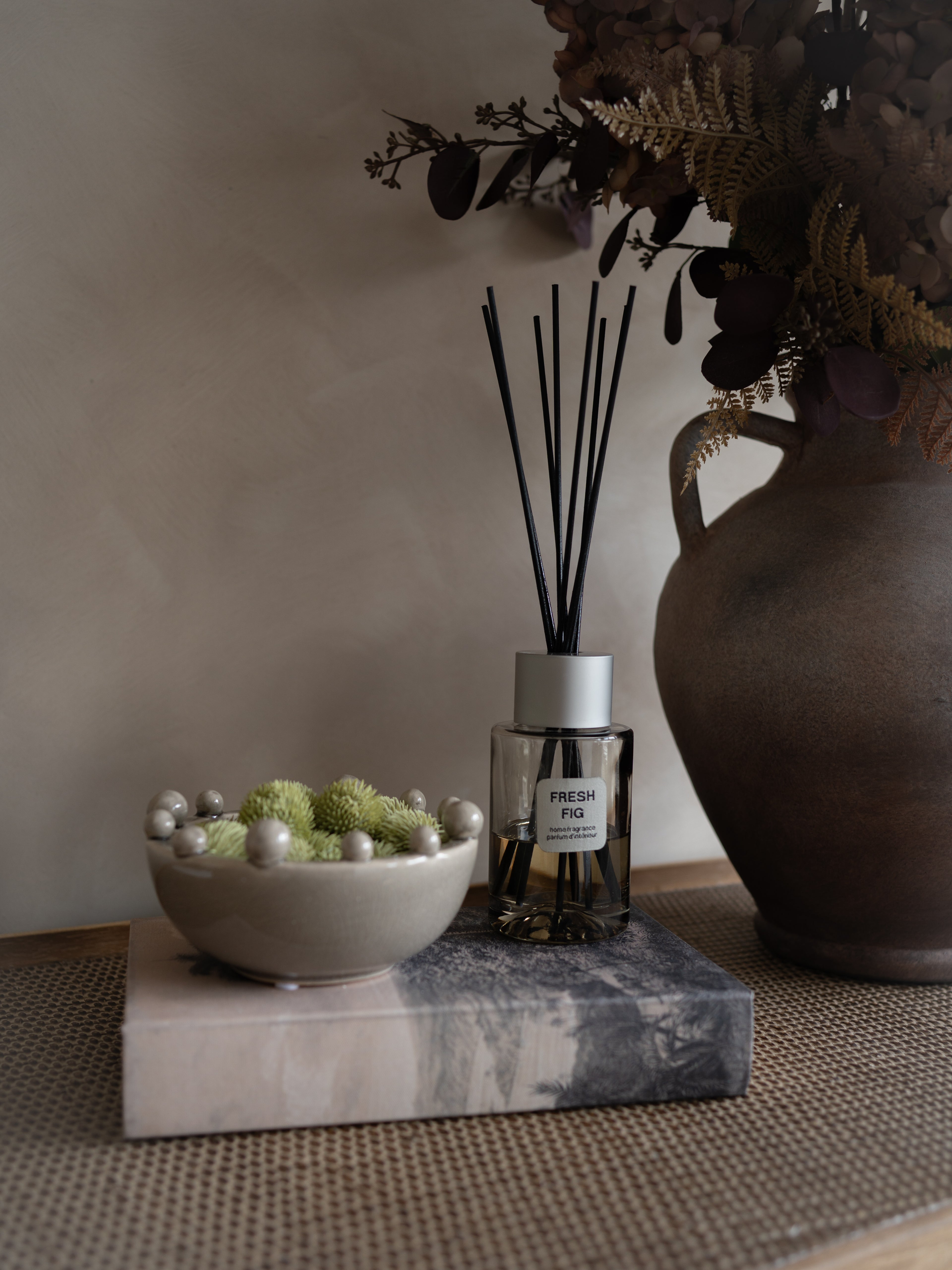 Small Grey Bobble Bowl, Fresh Fig Reed Diffuser and Faux Echinops Styling Bundle