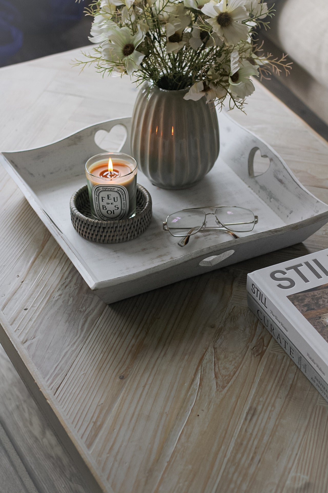 whitewashed tray with heart cut outs