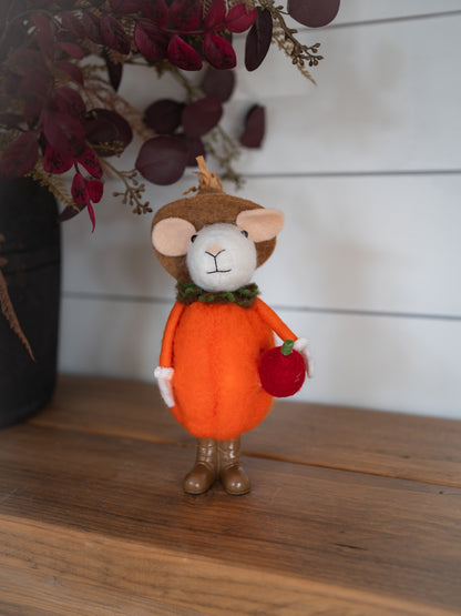 A small felt pumpkin character figurine wearing a brown hat and holding a red apple, displayed on a wooden surface against a white paneled wall with dried foliage in the background.