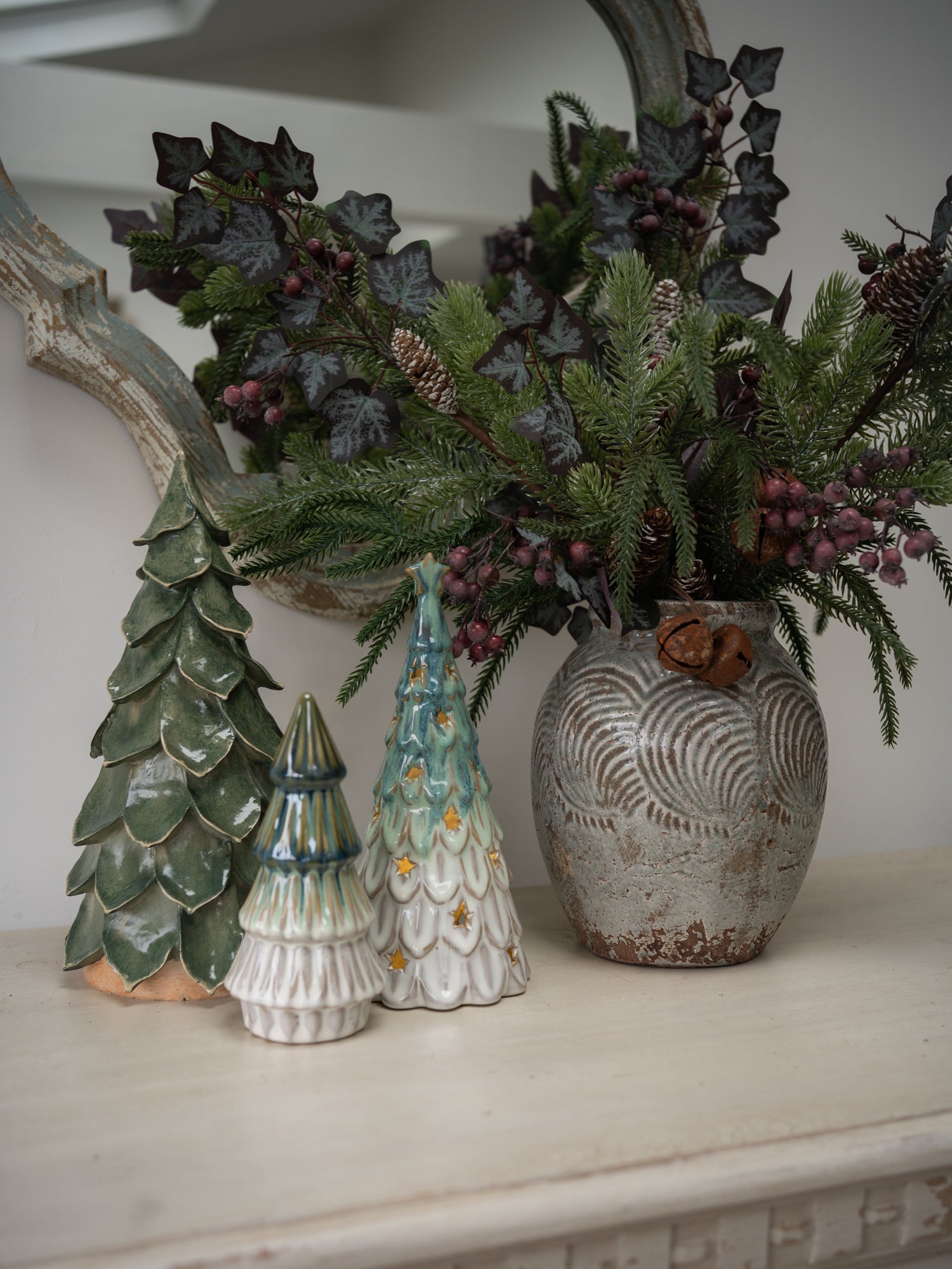 Ceramic Green Trees and Winter Branches Christmas Styling Bundle