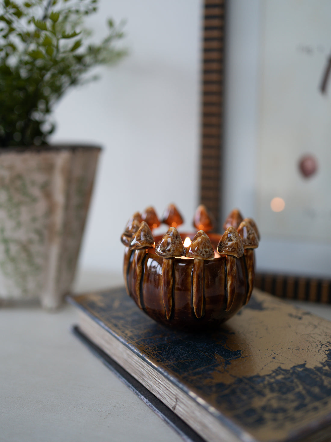 Decorative candle holder with a lit candle on a surface, with a plant and mirror in the background.