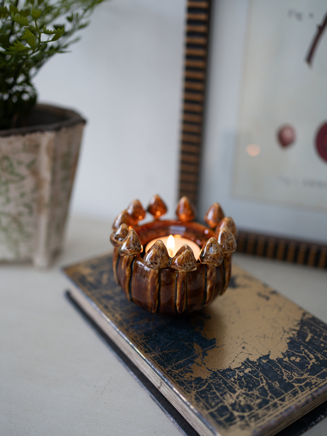 Decorative earth brown toned 3d effect mushroom candle holder with a lit candle on a textured surface, with a plant and framed picture in the background.