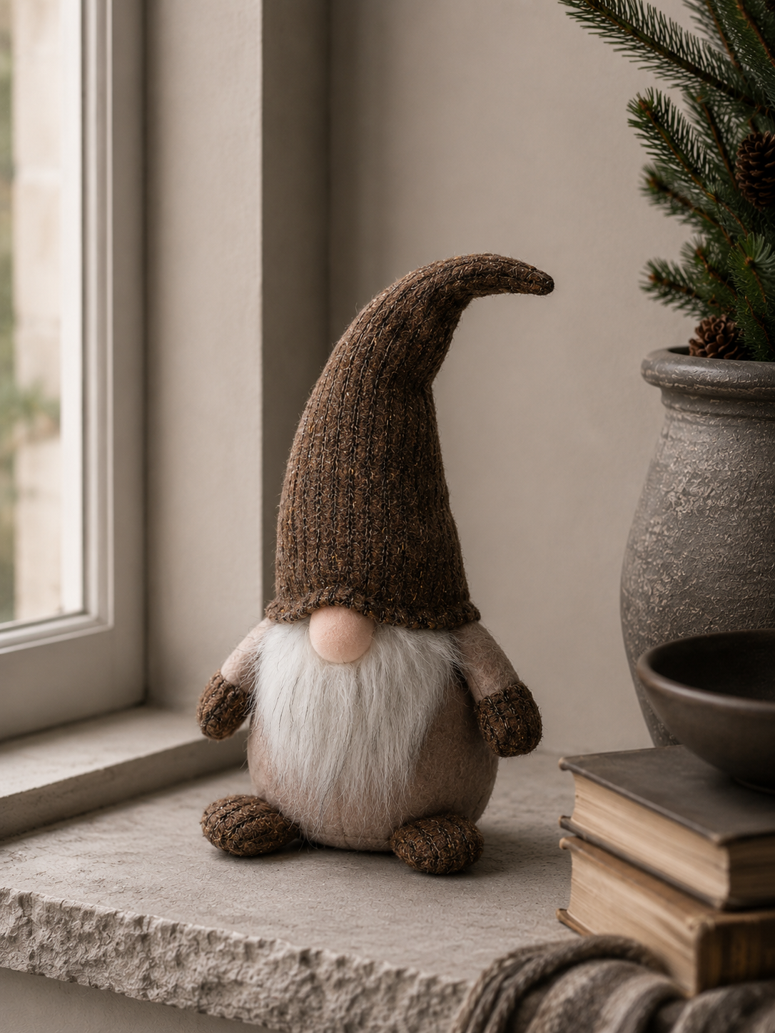 A small knitted gnome decoration with a tall brown hat, white beard, and pale pink nose sits on a windowsill in a cozy room setting next to a potted plant and books.