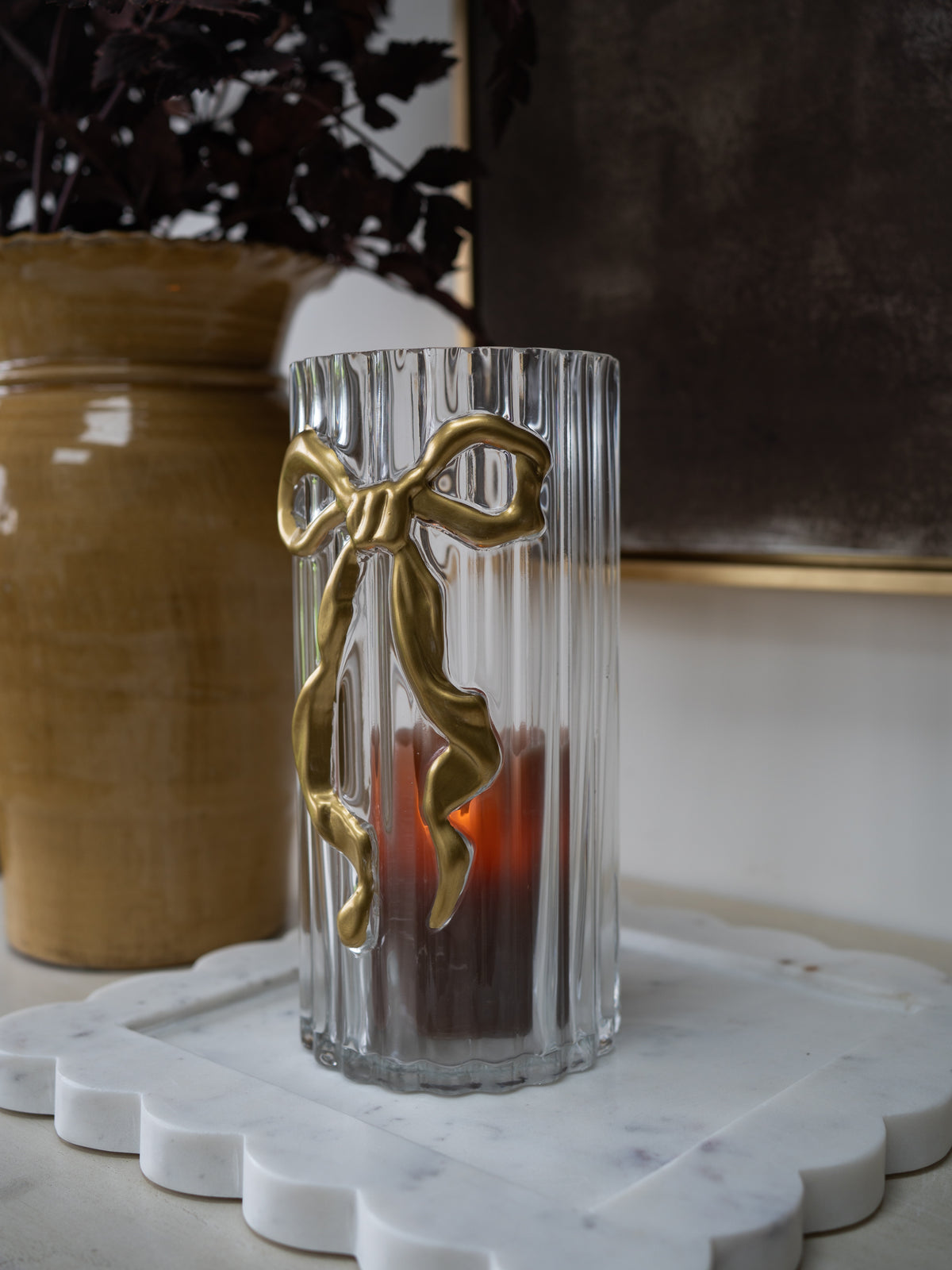 Embossed Gold Bow Candle Holder