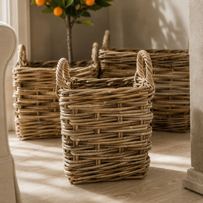 Woven baskets with handles on a wooden floor, with a plant in the background.