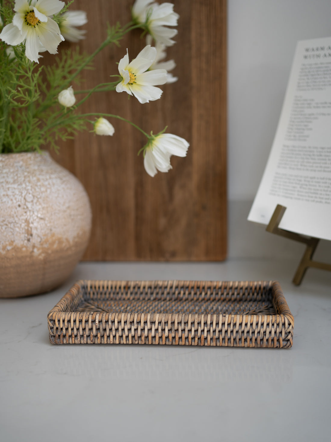 Grey Washed Rattan Small Rectangular Tray