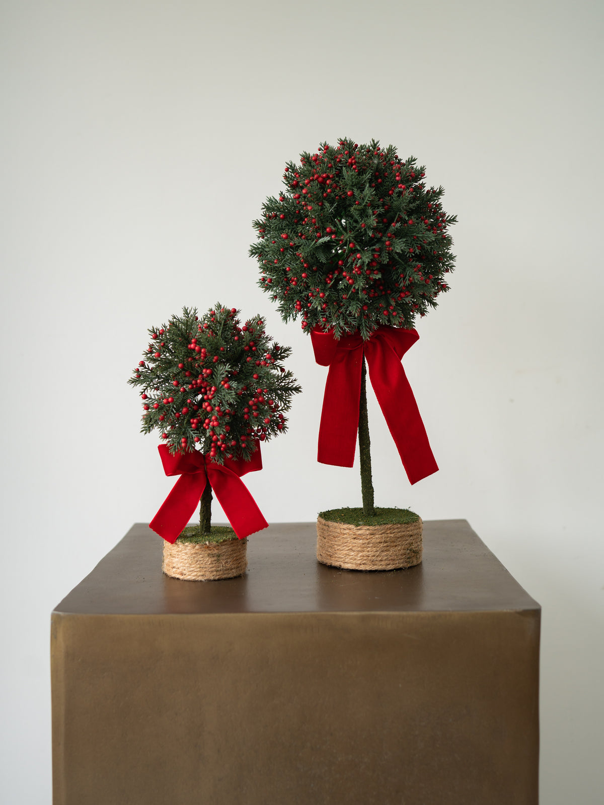 Set of Red Berry &amp; Cedar Faux Topiary Tree with Red Bows