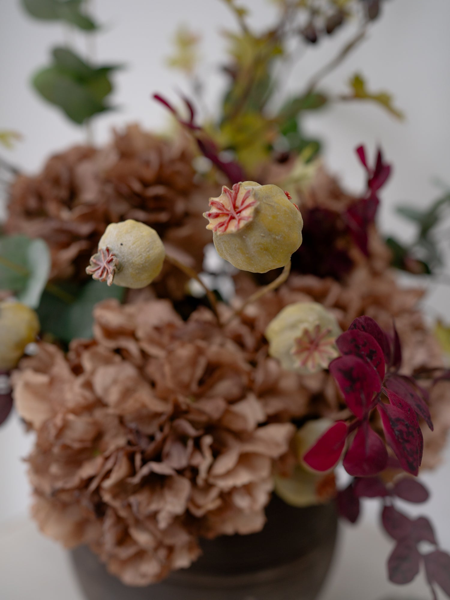 Faux Autumn Cappuccino Hydrangea &amp; Foliage Floral Arrangement