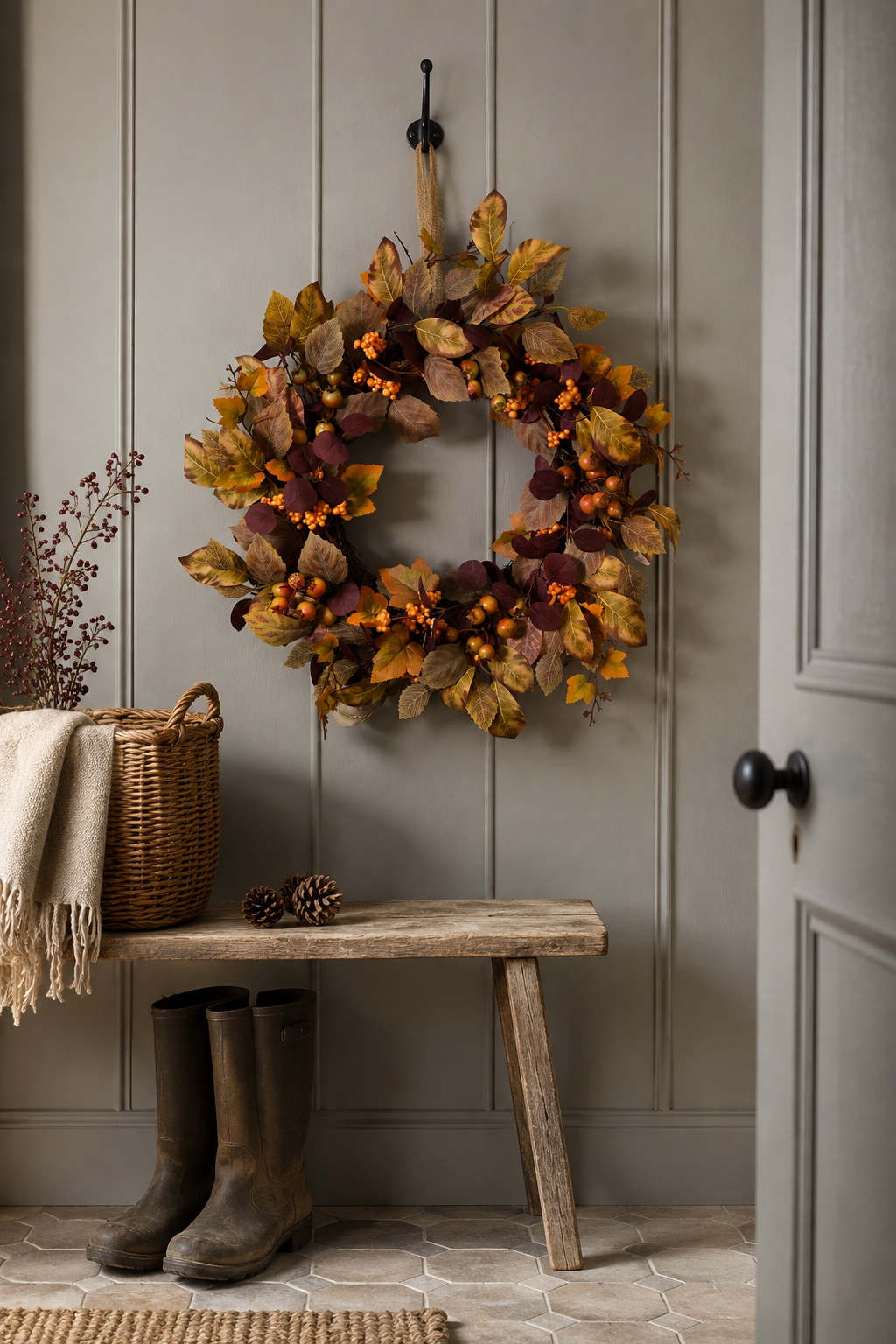 An autumn-themed artificial wreath with yellow, orange, and burgundy leaves hangs on a grey panelled wall above a rustic wooden bench with a woven basket, throw blanket, rain boots, and pinecones.