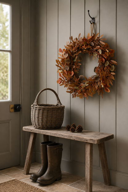 Faux Autumn Russet Foliage &amp; Berries Wreath hanging in a hallway with wicker basket with handle placed on wooden bench with wellington boots underneath