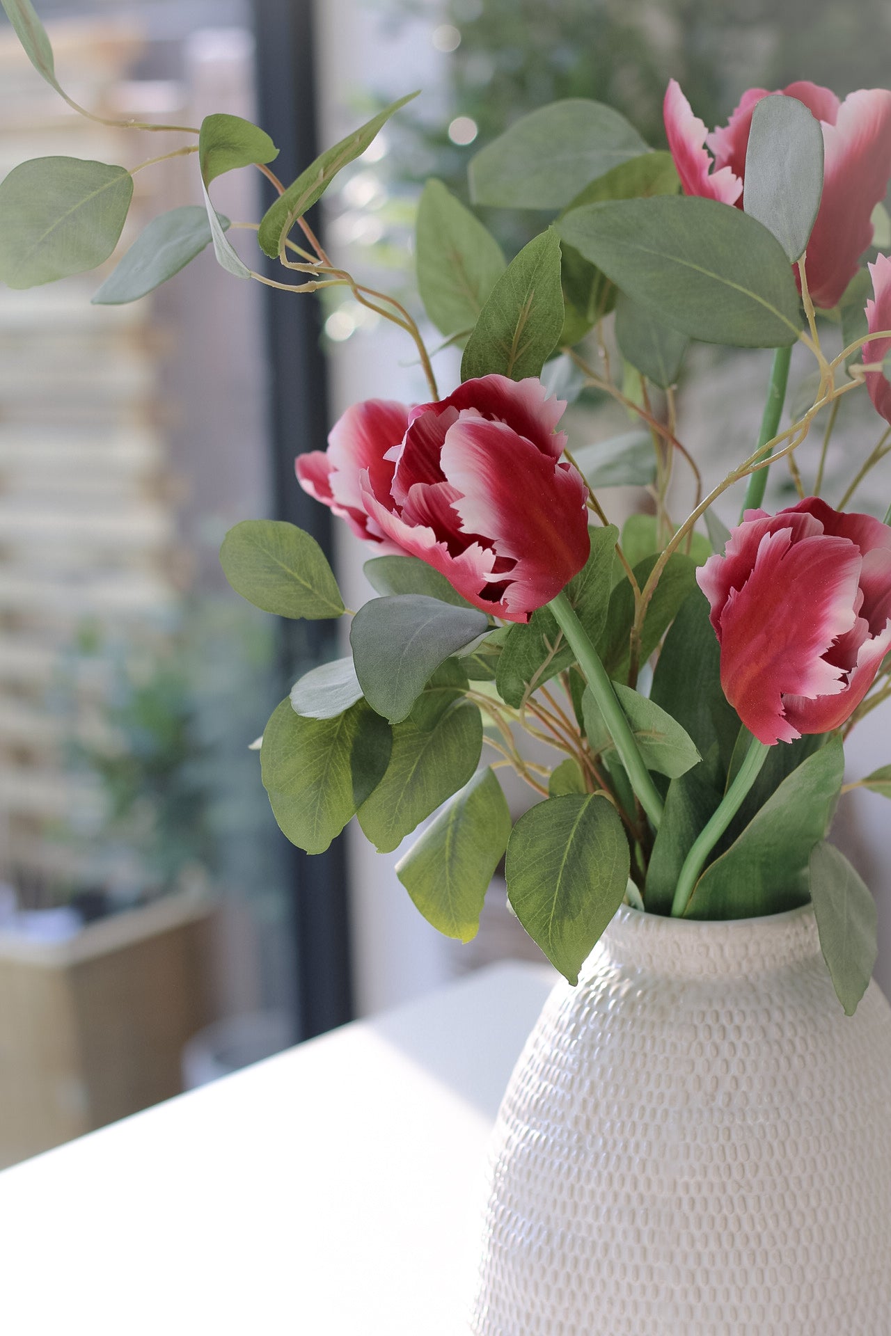 Faux Burgundy Parrot Tulip and Eucalyptus Arrangement