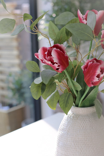Faux Burgundy Parrot Tulip and Eucalyptus Arrangement