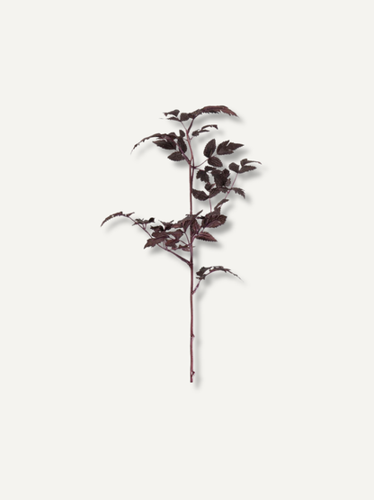 A faux autumn botanical stem with dark burgundy-purple leaves, centered on a solid off-white background.