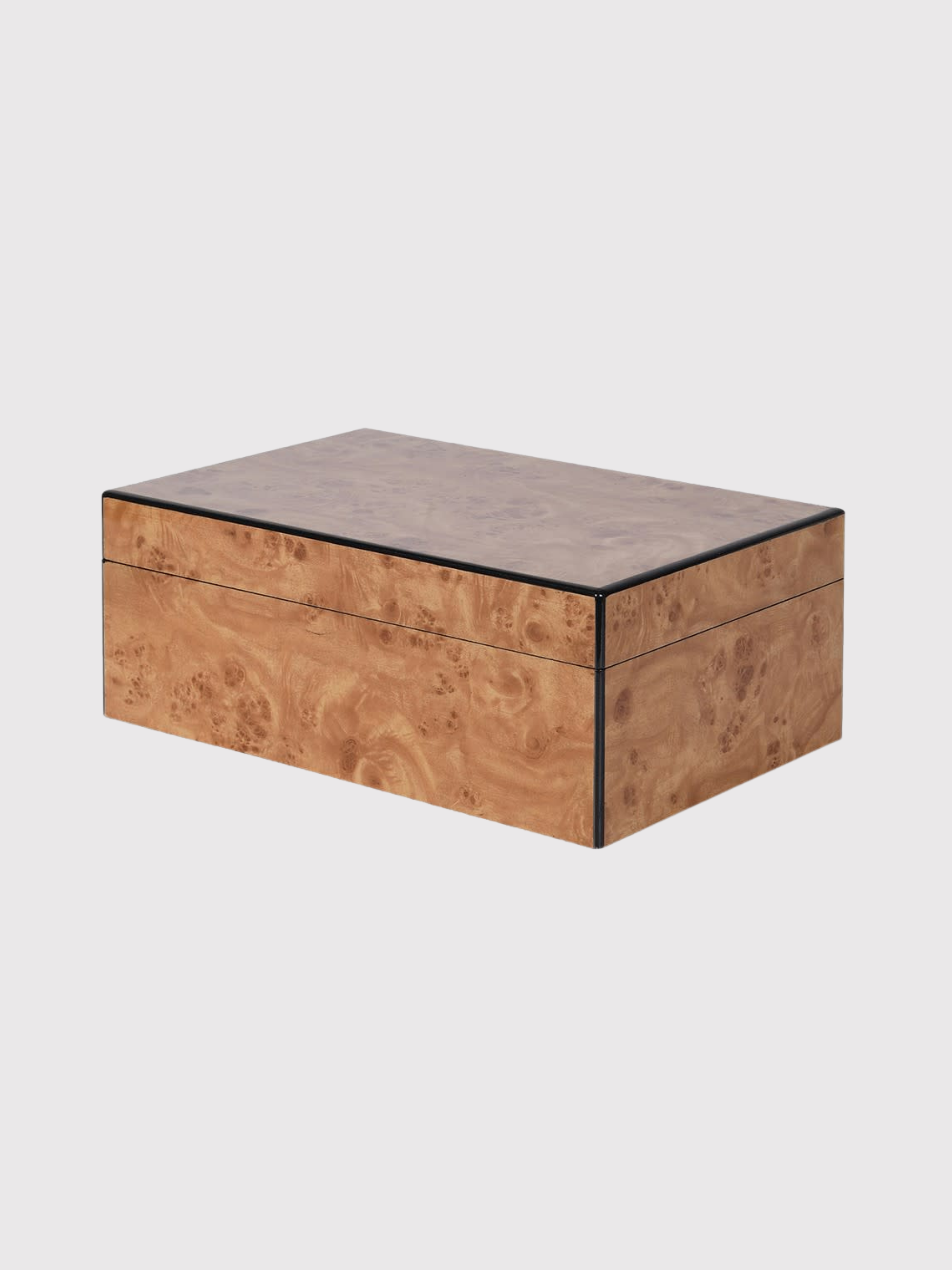faux burl wood jewellery box with lid on a white background