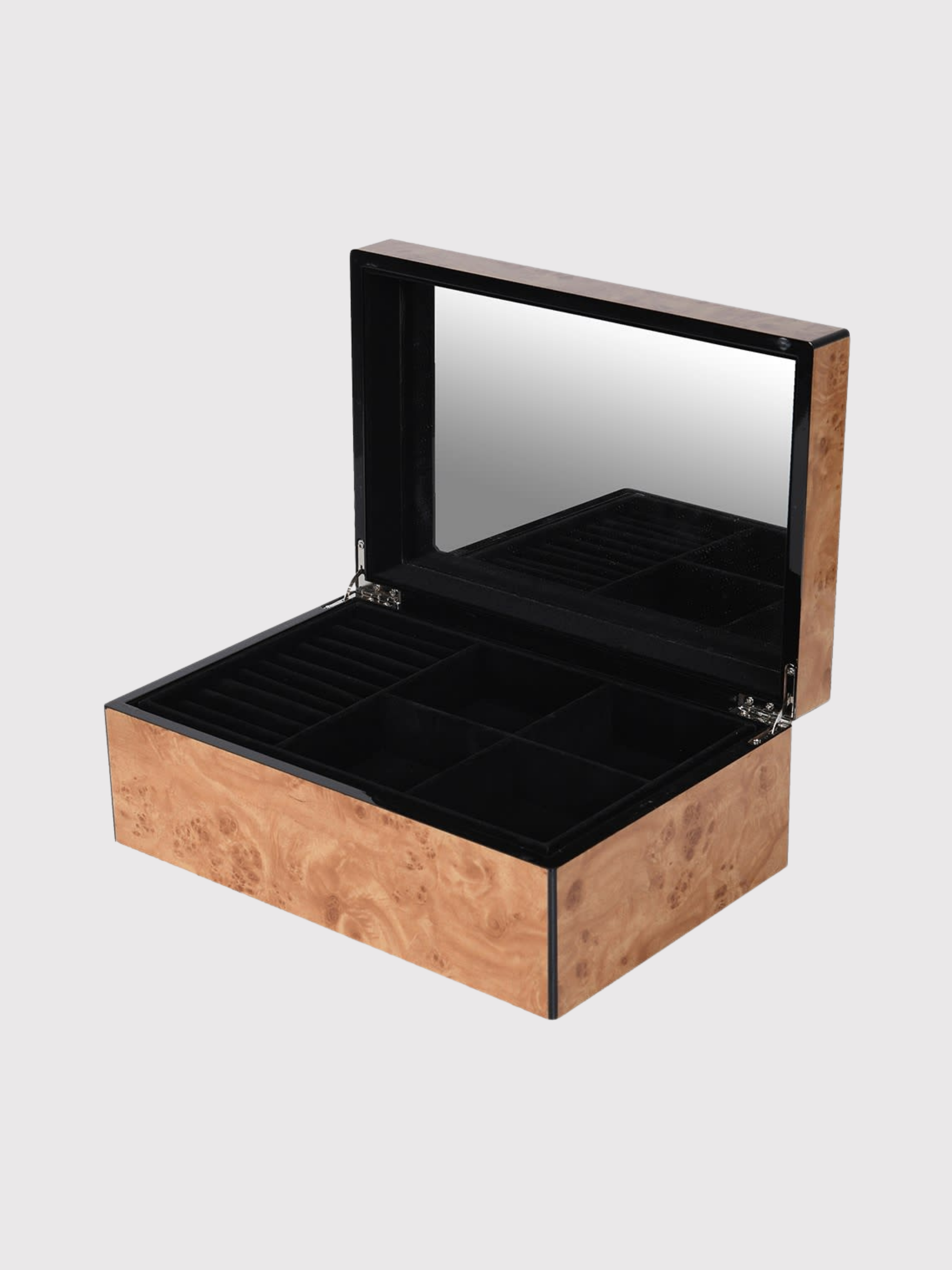 Faux burl  wood jewellery box with a mirror lid on a light gray background