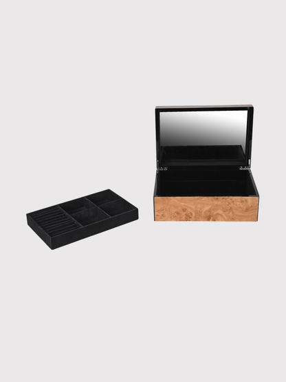faux burl wood jewellery box with a black interior on a white background
