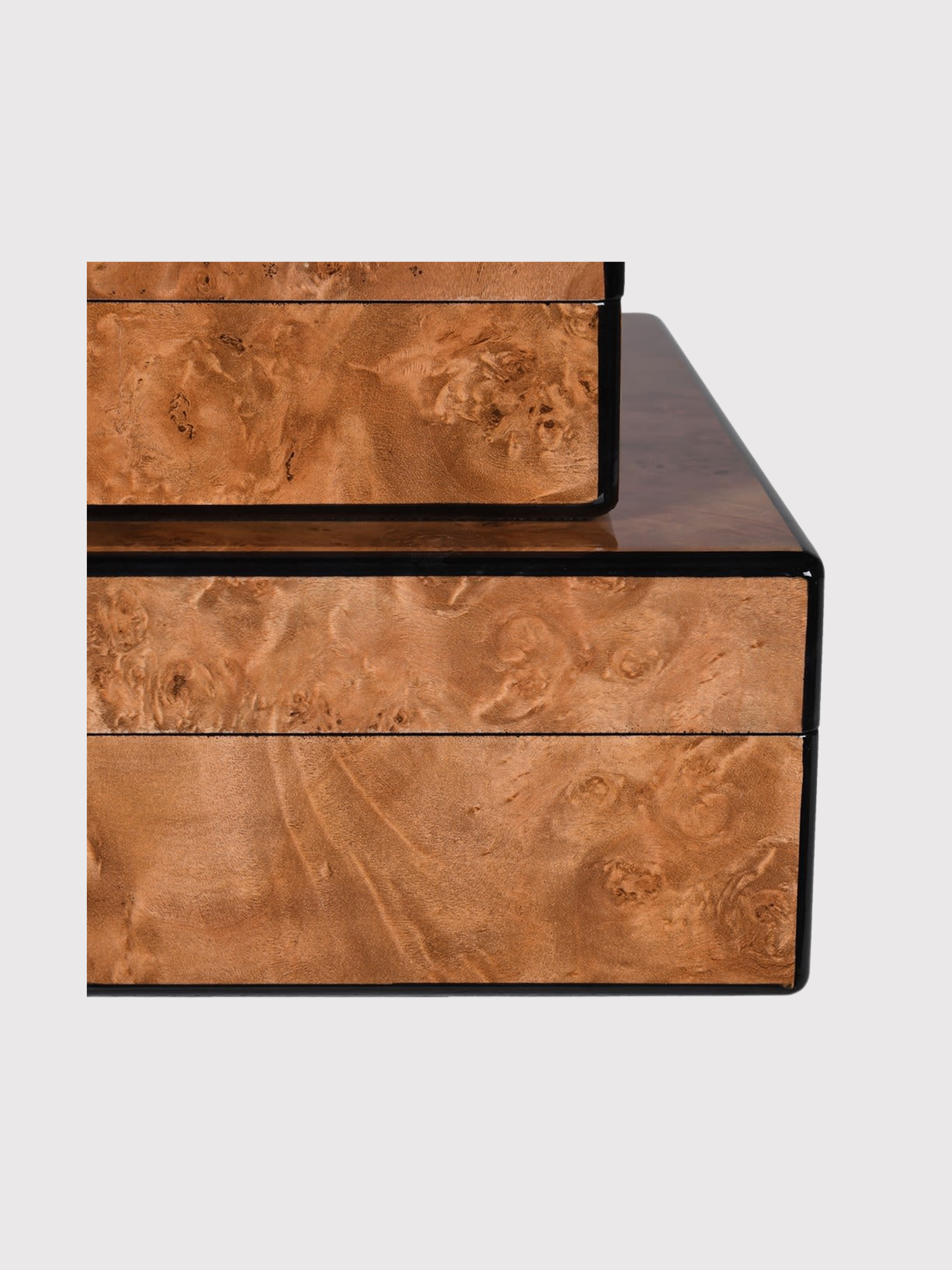 Wooden box with a burl pattern on a white background