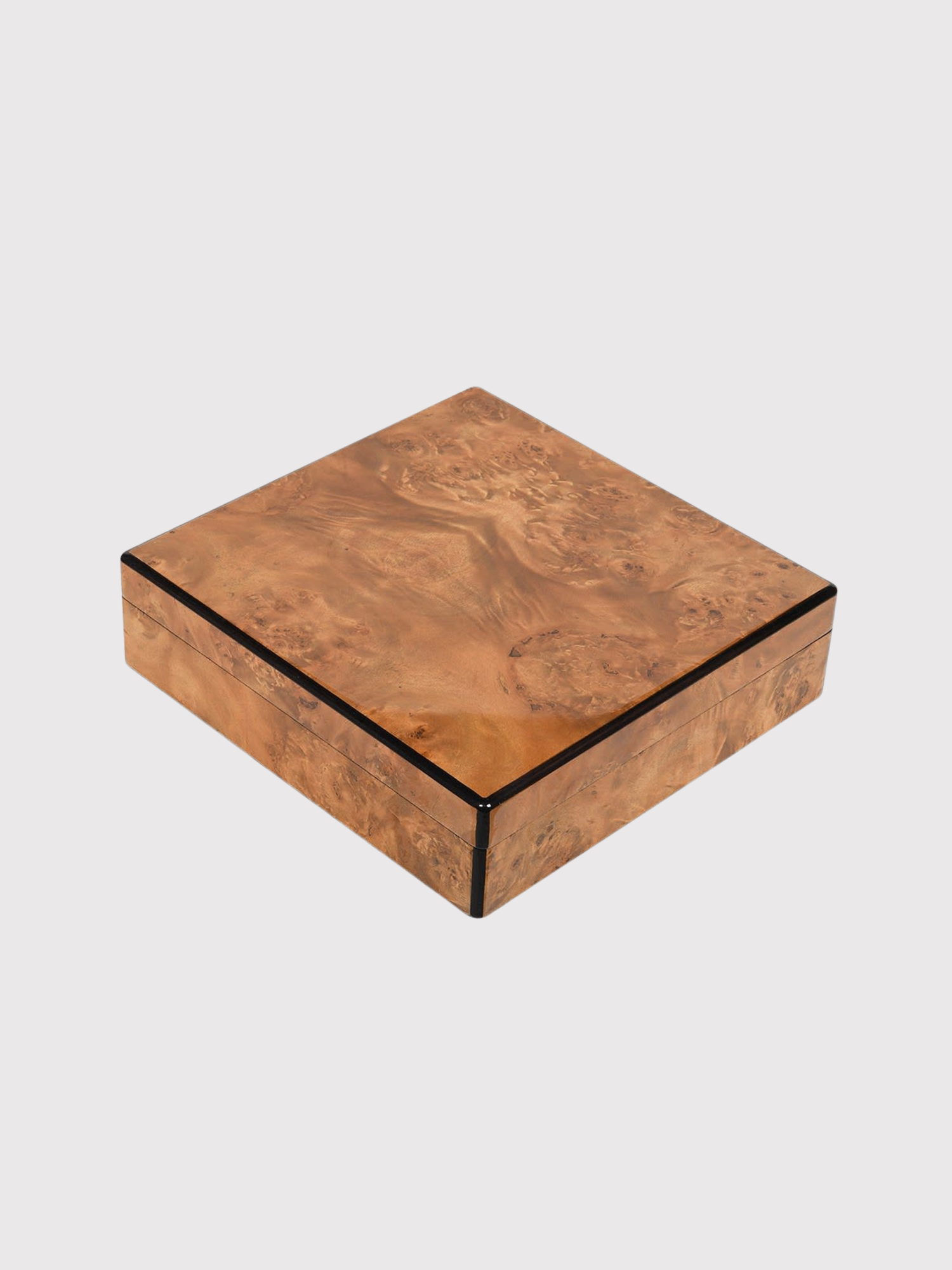 faux burl wood box with a decorative pattern on a light gray background