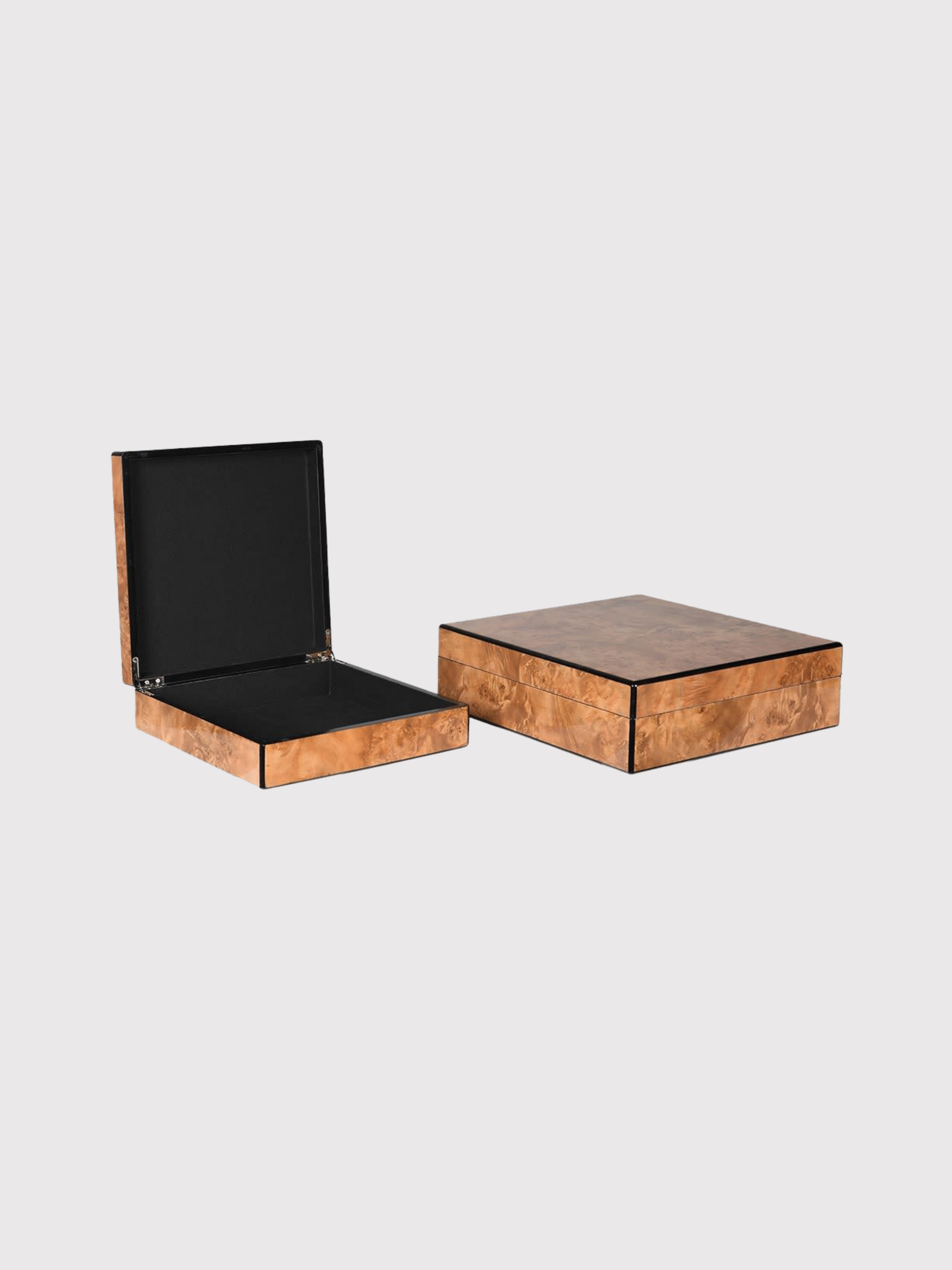 Two faux burl wood storage boxes with black interiors on a light gray background