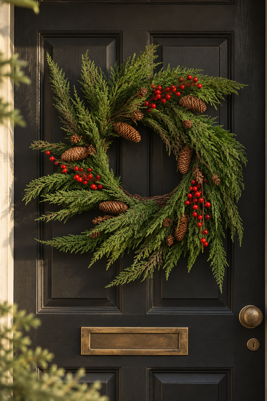 Faux Cedar, Pine Cone and Red Berry Wreath