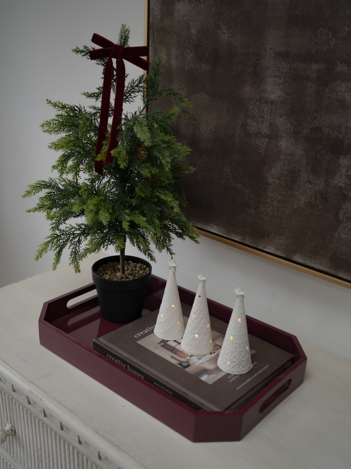 Faux Christmas Tree, LED Christmas Trees &amp; Merlot Tray Styling Bundle