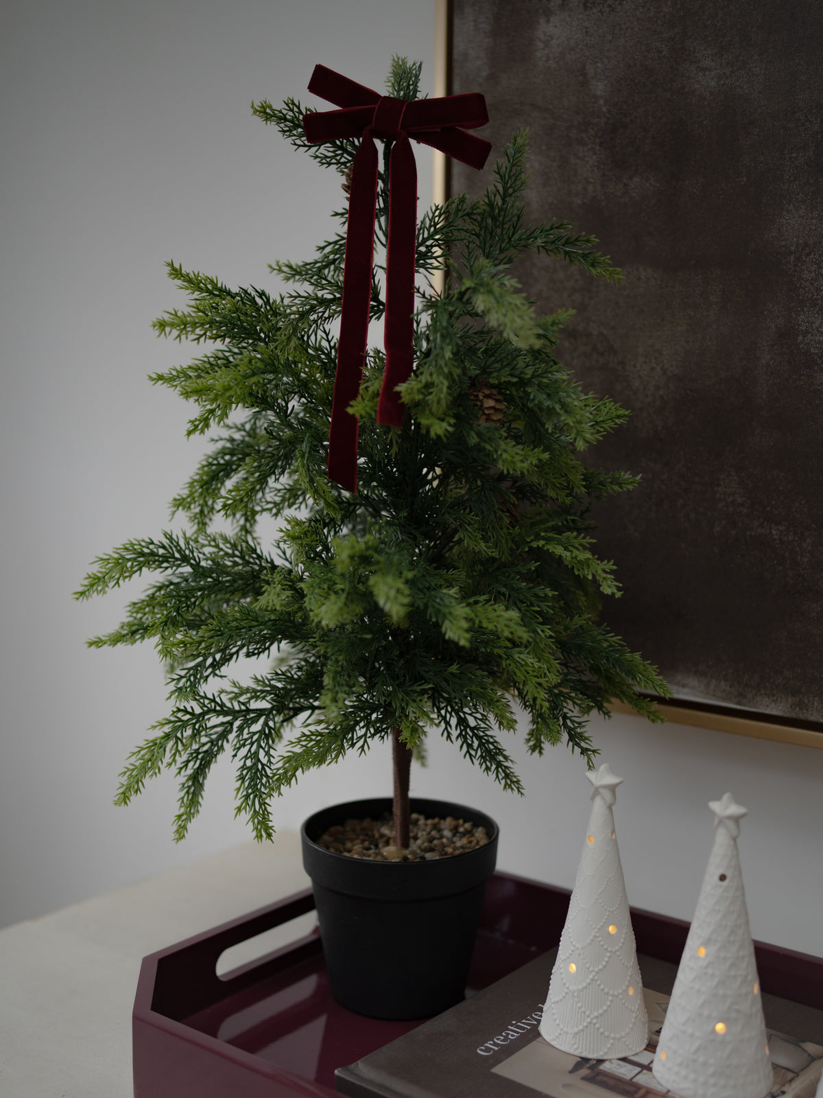 Faux Christmas Tree, LED Christmas Trees &amp; Merlot Tray Styling Bundle