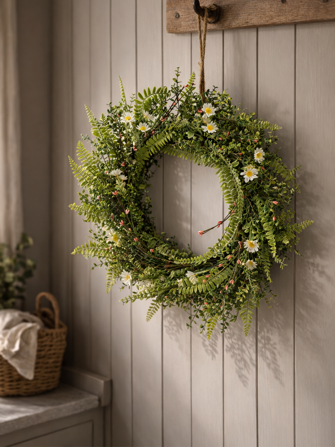 faux green foliage and daisy spring inspired wreath with flowers hanging on a wooden wall