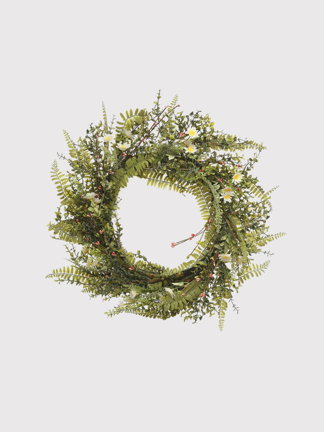 faux green foliage wreath with leaves and small flowers on a light gray background