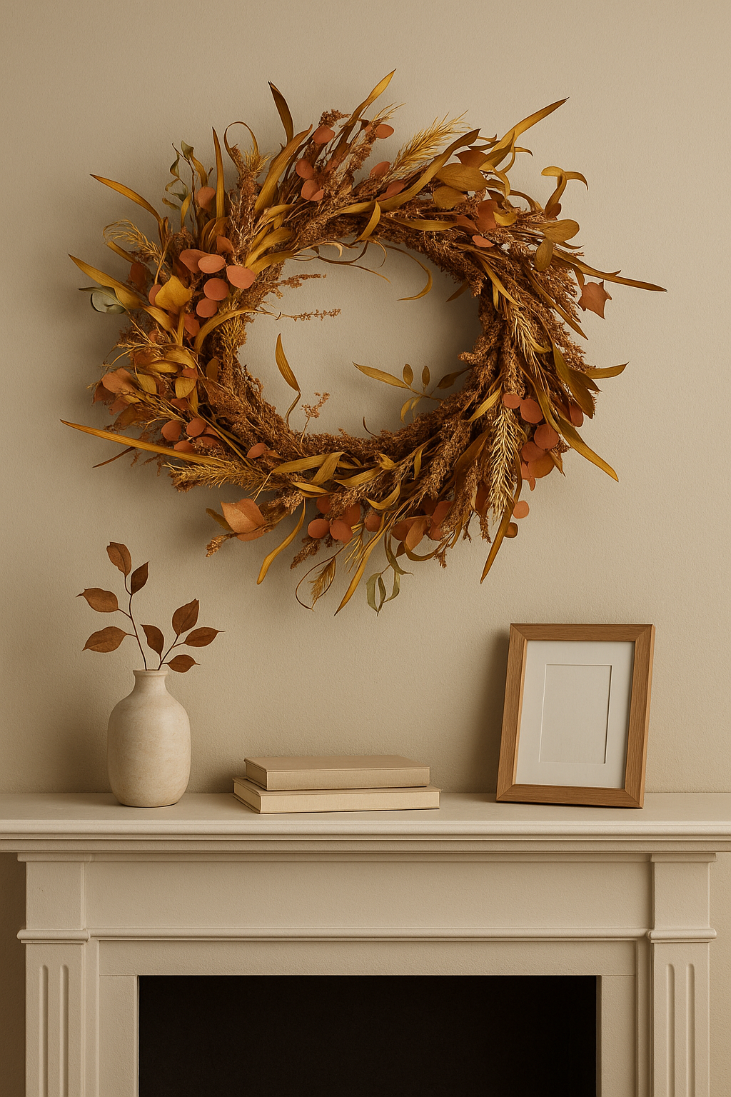 Decorative autumn wreath on a wall above a fireplace with books and a vase.