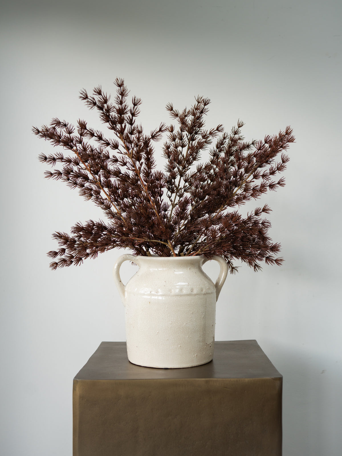 A rustic white ceramic two-handled jug vase filled with dried burgundy-brown ornamental grass, displayed on a dark brown pedestal against a light gray background.