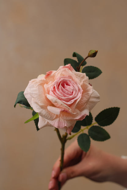 A single dusky pink faux dried touch rose spray with green leaves, held against a neutral background.