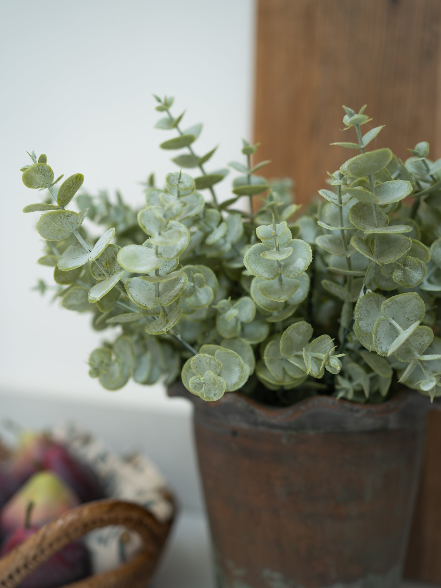 faux eucalyptus plant with a rustic pot on a surface with a blurred background