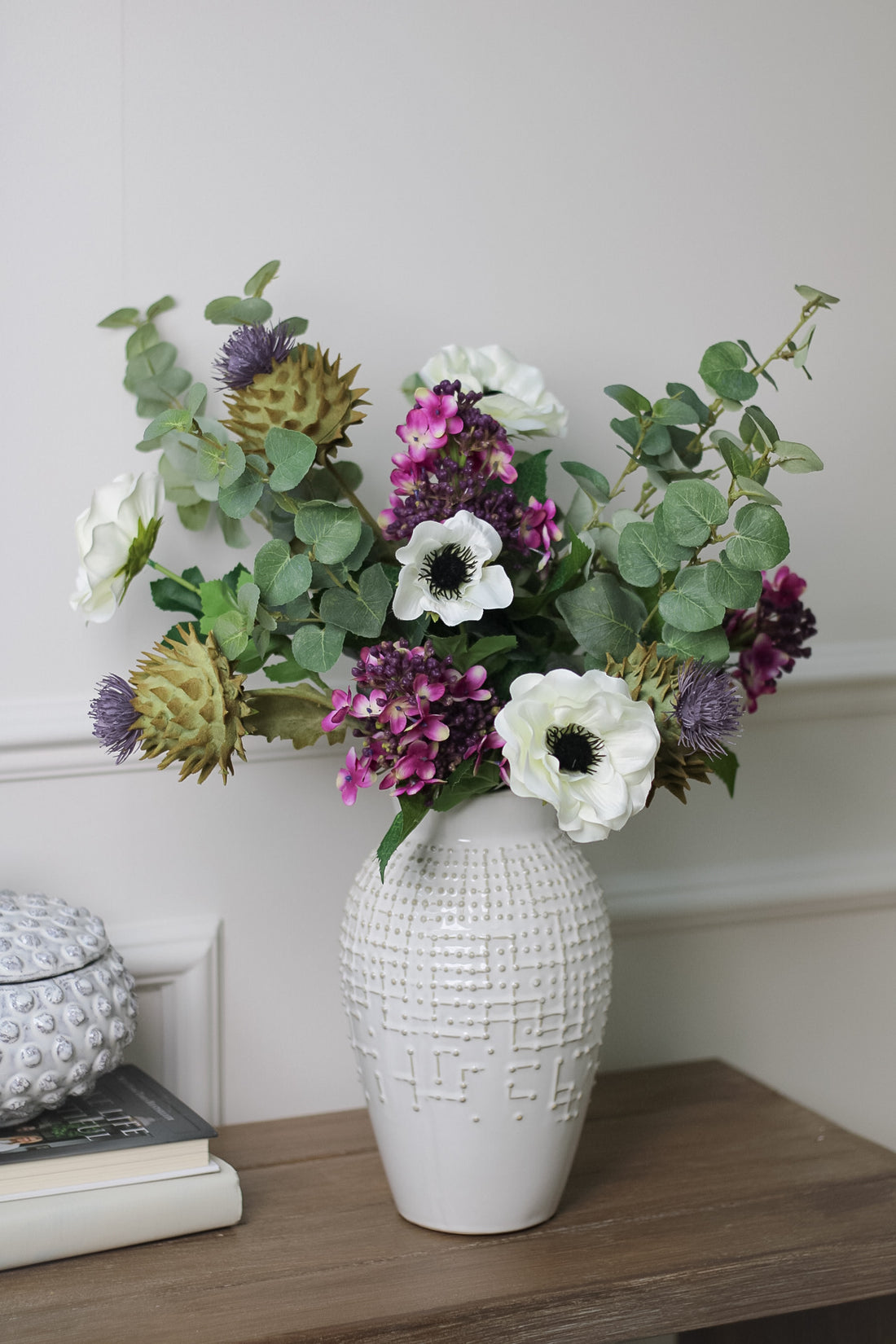 Faux Flocked Thistle, Budding Hydrangea and Anemone Arrangement