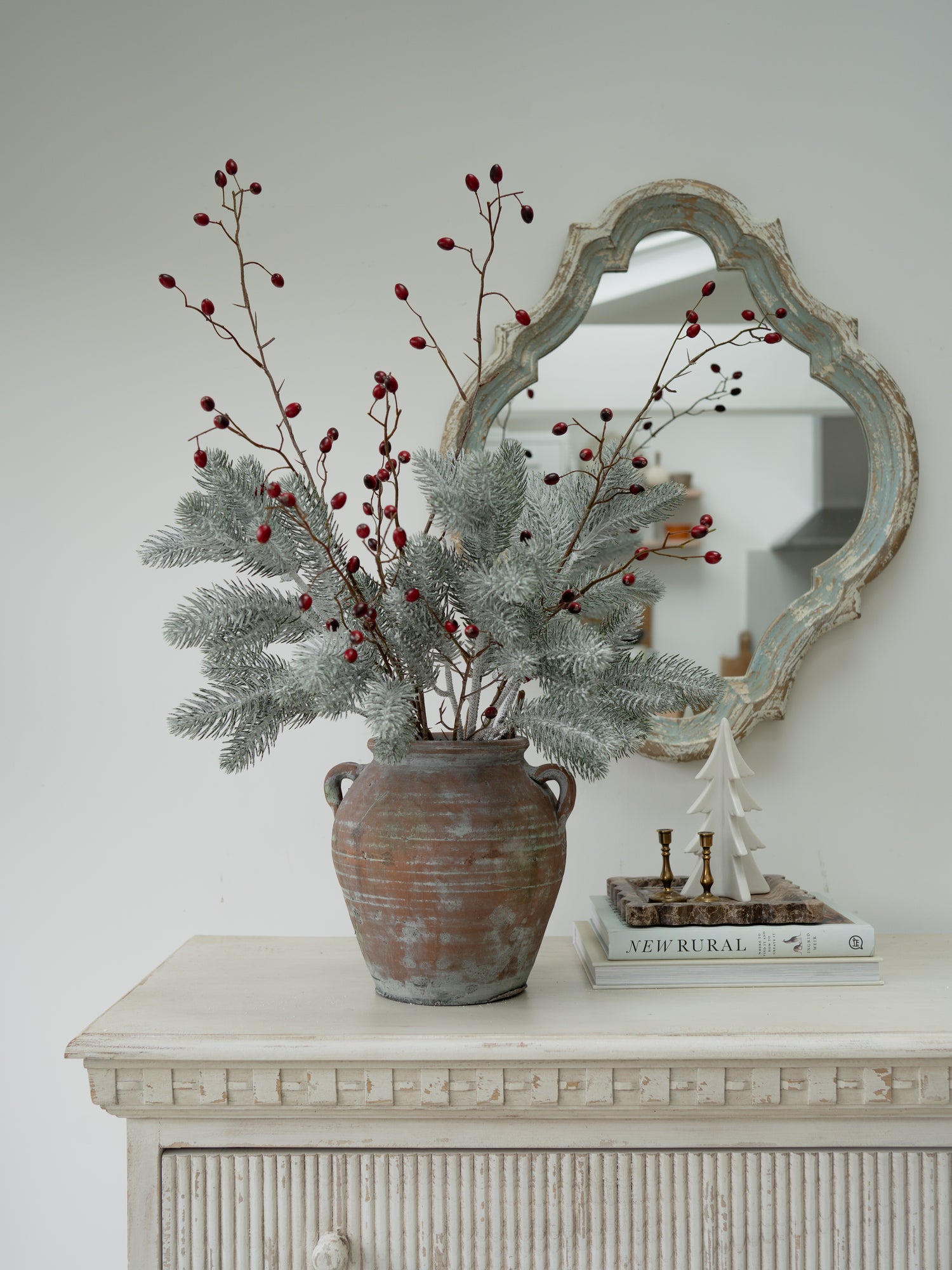 Faux Frosted Pine and Rosehip Branches Floral Arrangement