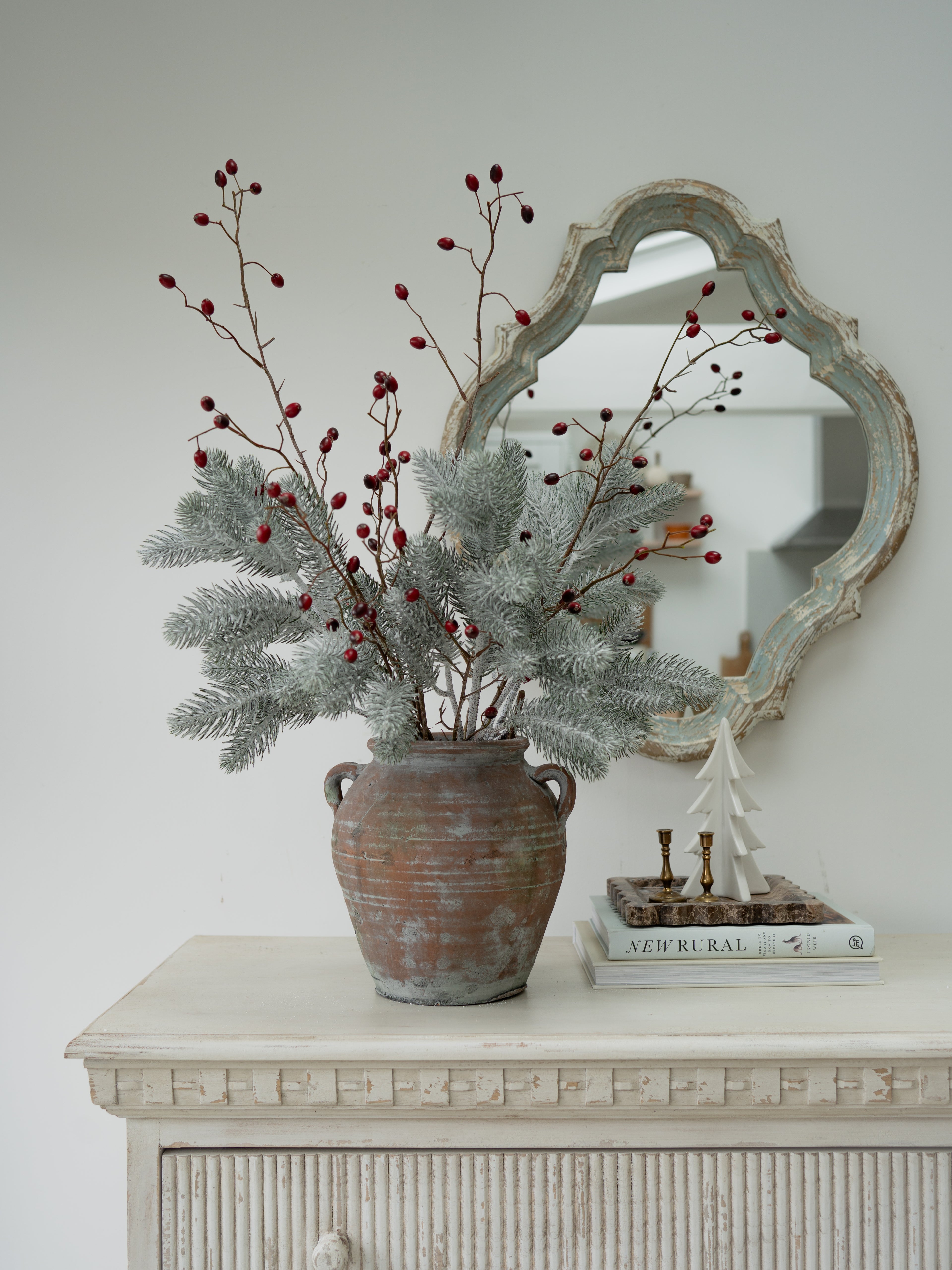 Faux Frosted Pine and Rosehip Branches Floral Arrangement