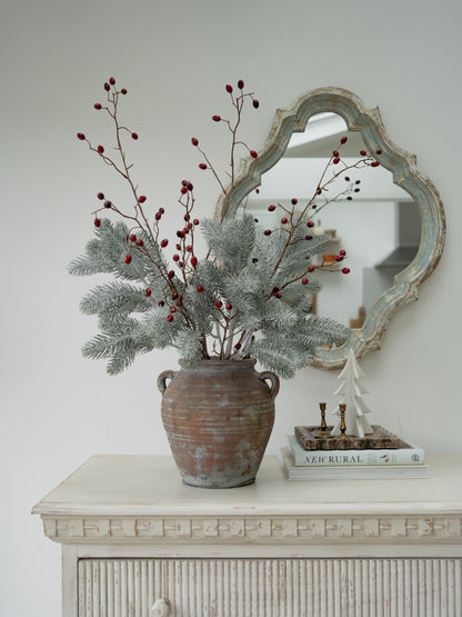 Faux Frosted Pine and Rosehip Branches Floral Arrangement