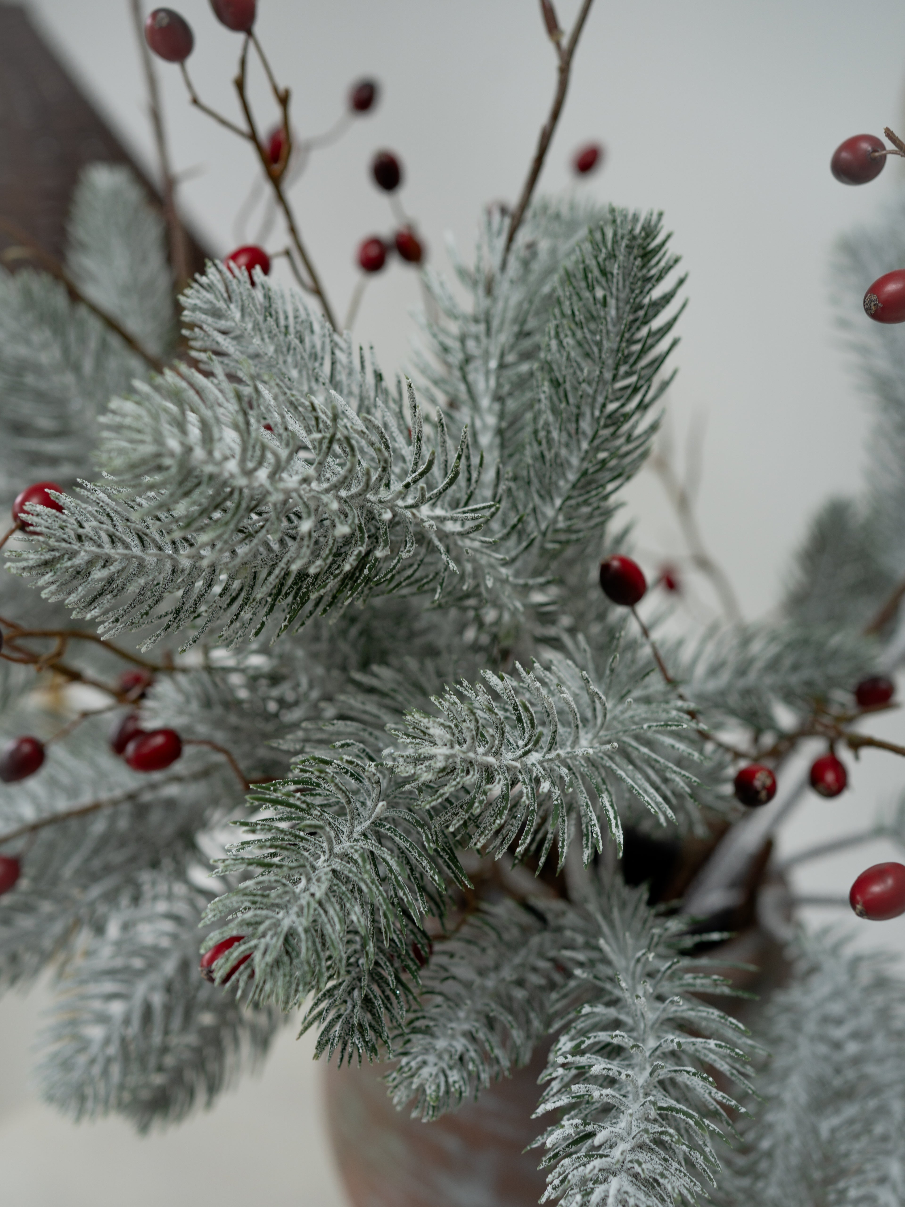 Faux Frosted Pine and Rosehip Branches Floral Arrangement
