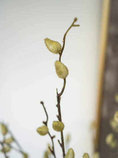 A close-up of a faux pussy willow branch with fuzzy pale yellow catkins on a thin brown stem, photographed against a softly blurred indoor background.