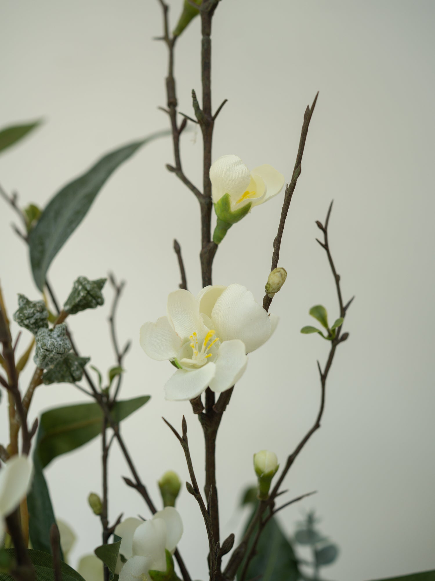Faux white flowers and green leaves on a blurred background