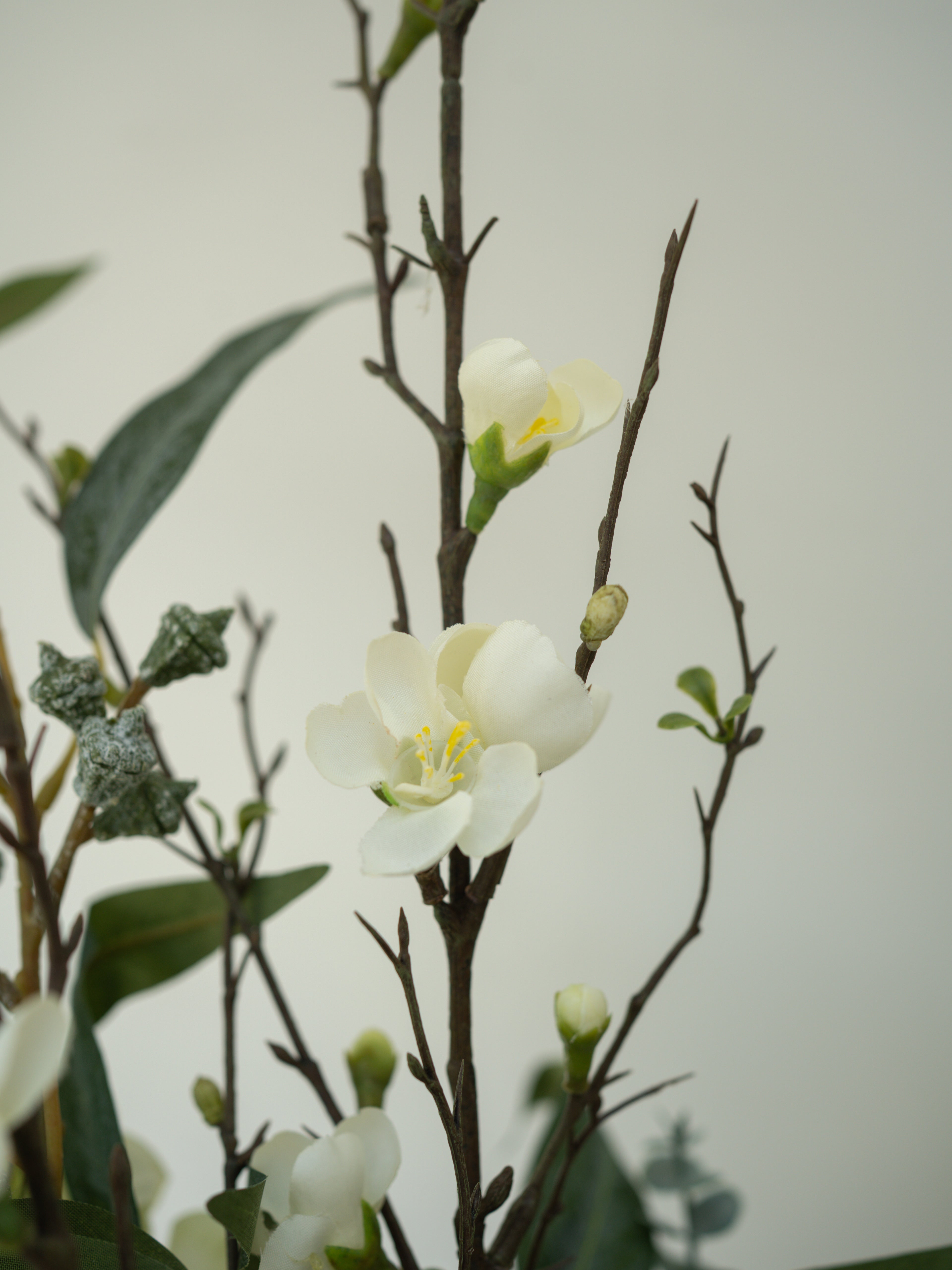 Faux white flowers and green leaves on a blurred background