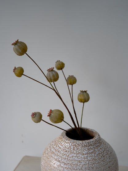 Decorative vase with faux green poppy head stem against a plain background