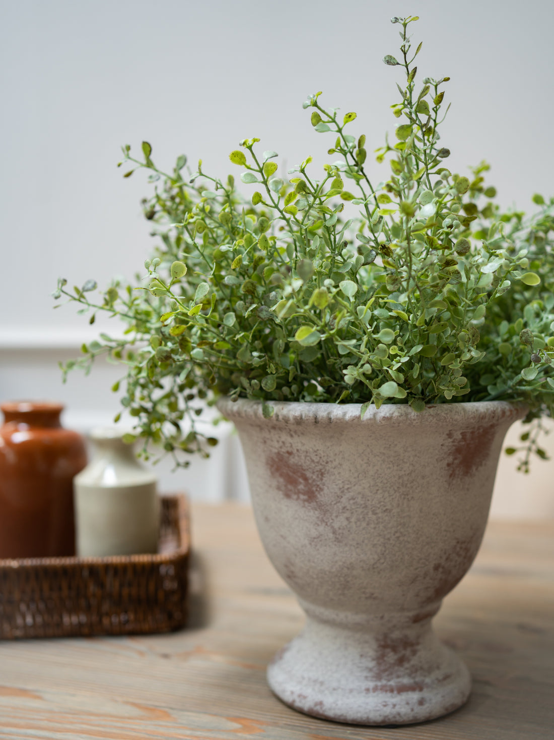 Faux green gunnii eucalyptus in a rustic ceramic pot on a wooden surface with a neutral background