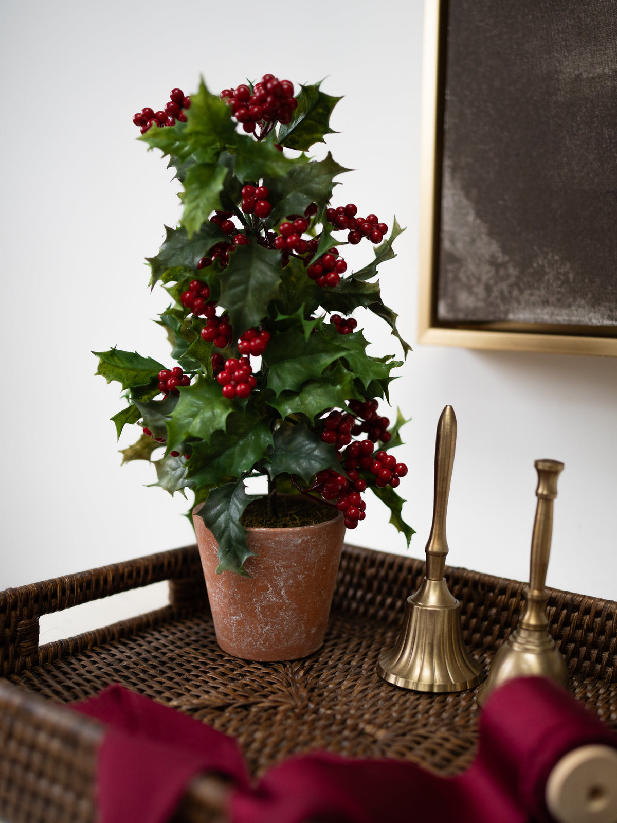 Faux Holly Bush in Rustic Pot